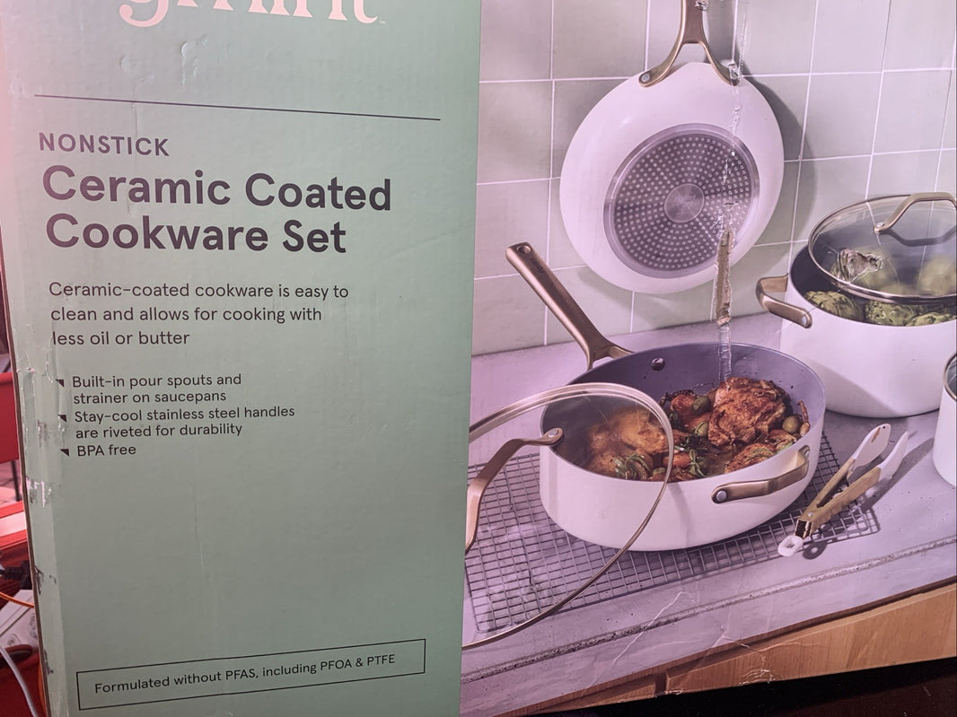 7pc Nonstick Ceramic Coated Aluminum Cookware Set with Gold Handles Cream -1