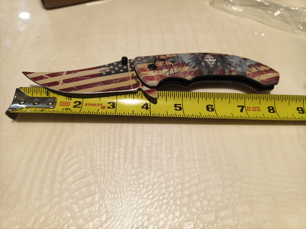 8" Patriotic Native American Pocket Knife Blade Assist-Open Folding Knife1