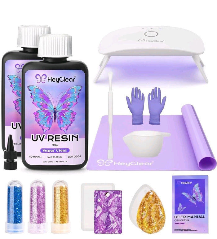 HeyClear UV Resin Kit with Light -200g Crystal Clear, Hard Resina UV Light Fast0