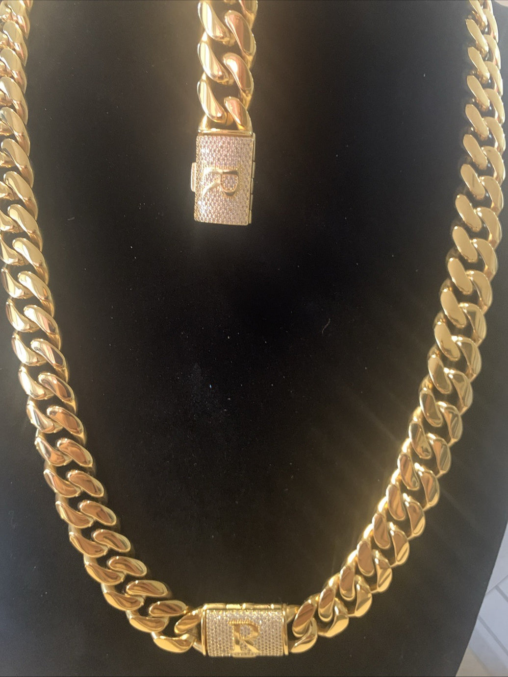 Cuban Link Chain 14k Gold-Plated 24-inch 14 mm & Bracelet 8” 14mm, SS, “R”0