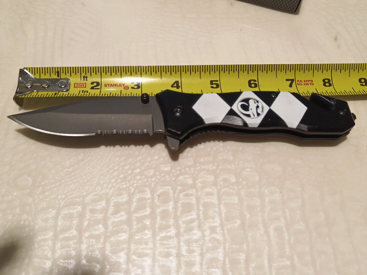 Black Power Ranger Pocket Knife Spring Assisted EDC Blade, Glass Breaker & Seatb5