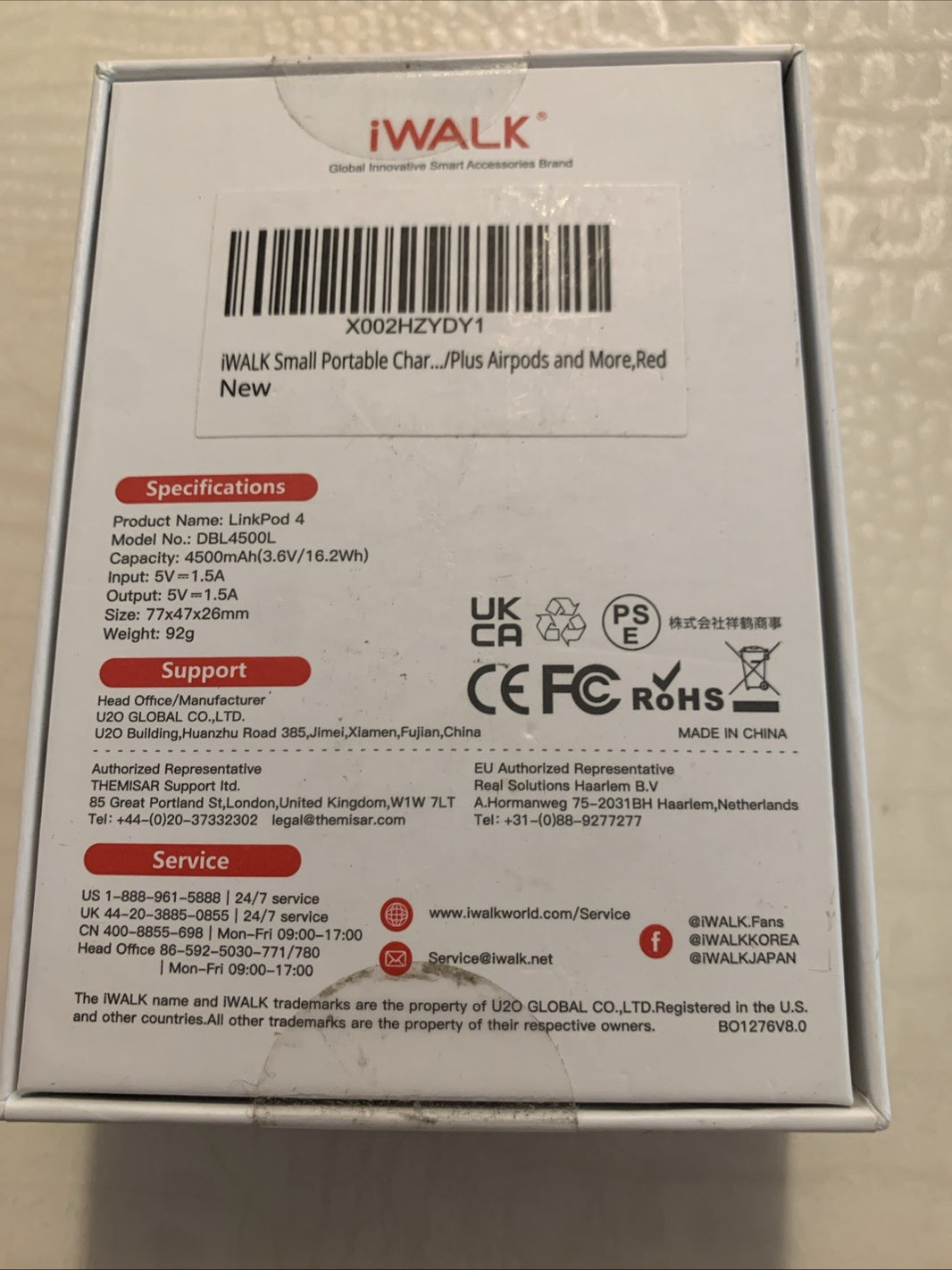 iWALK LinkPod4 Portable iPhone Charger 4500mAh Red Brand New. Not For Type C1