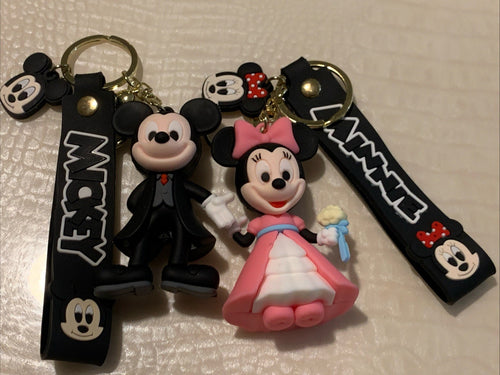 Pair Of Disney Mickey & Minnie Mouse Dale Bowser 3D Pendant Keychains Key Rings