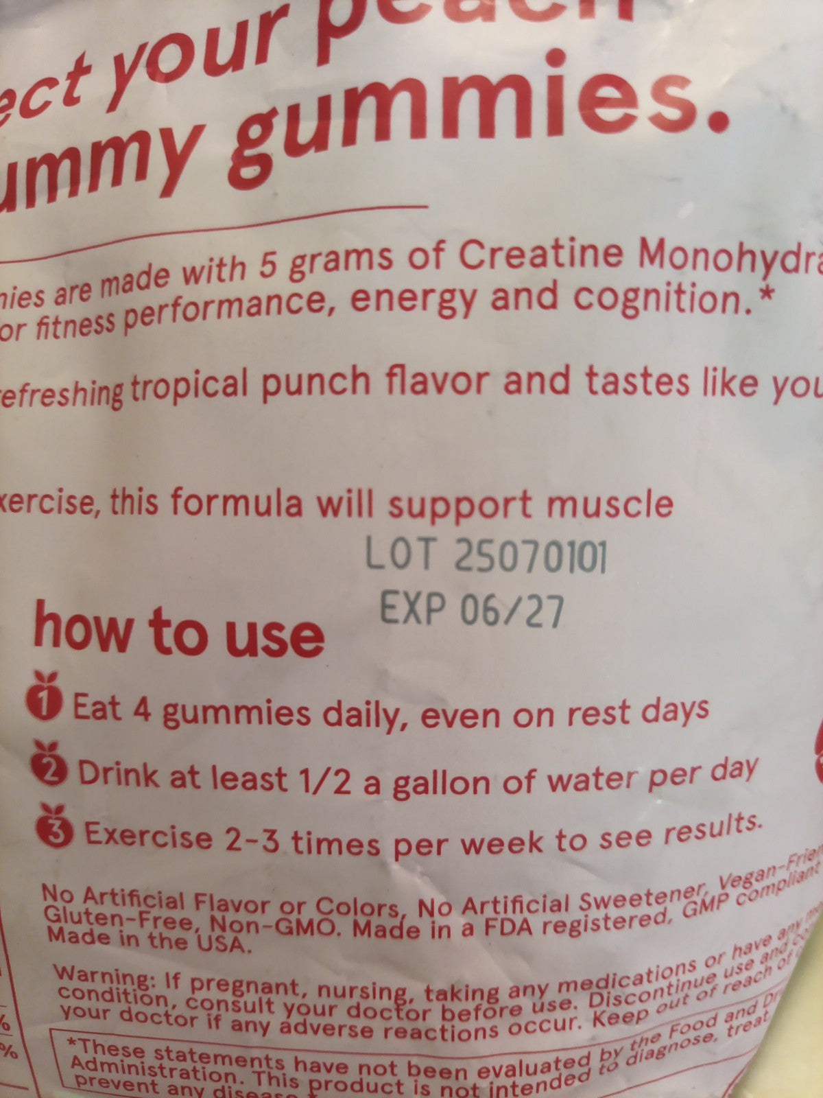 Peach Perfect Creatine Gummies 5g Tropical Fruit- Expires 6/273