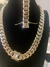 Cuban Link Chain 14k Gold-Plated 22-inch 18 mm & Bracelet 8.5”  18 mm, SS0