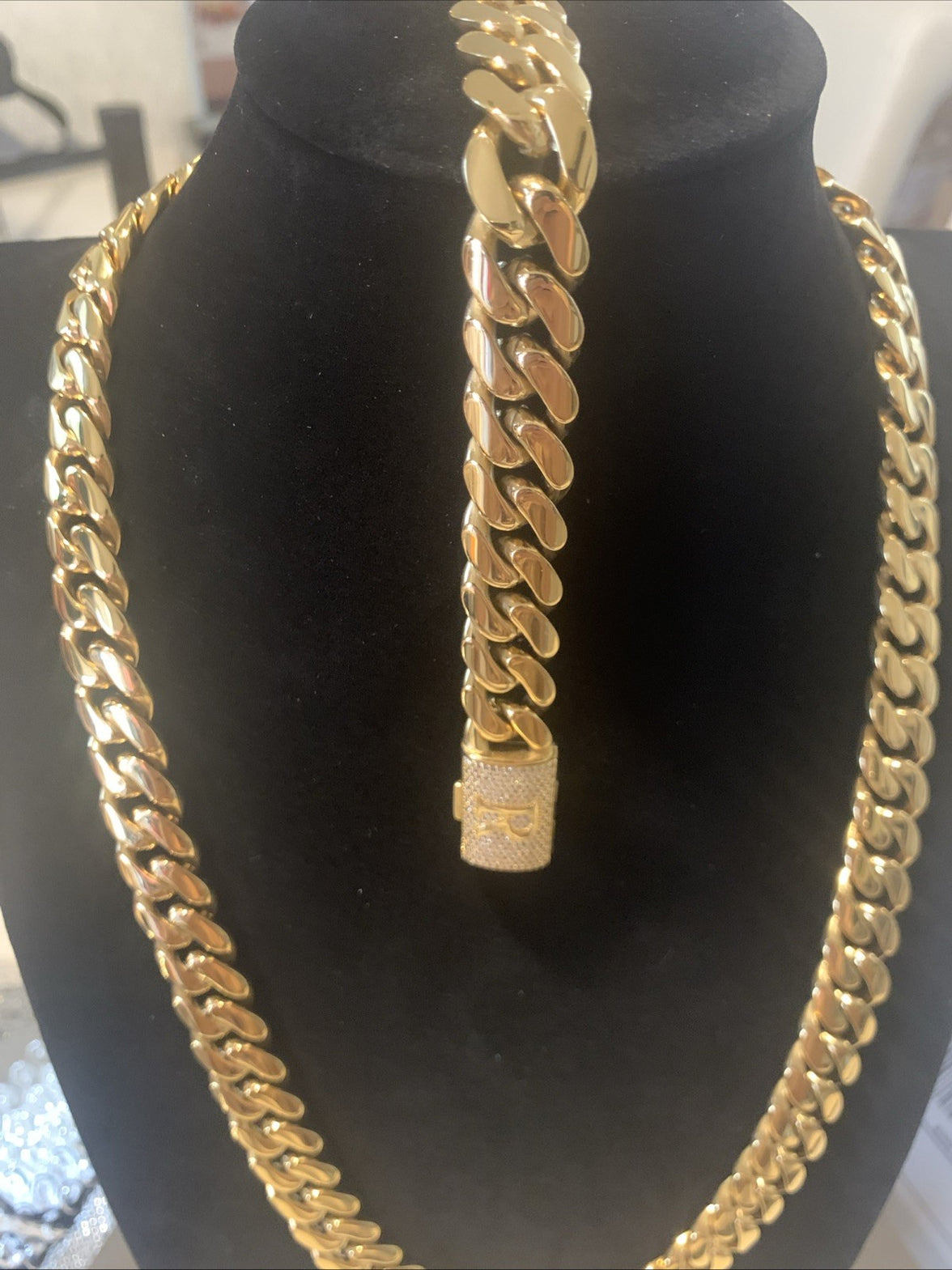 Cuban Link Chain 14k Gold-Plated 24-inch 14 mm & Bracelet 8” 14mm, SS, “R”2