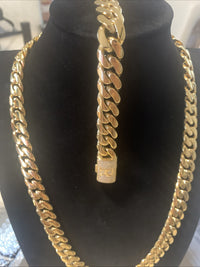 Cuban Link Chain 14k Gold-Plated 24-inch 14 mm & Bracelet 8” 14mm, SS, “R”2