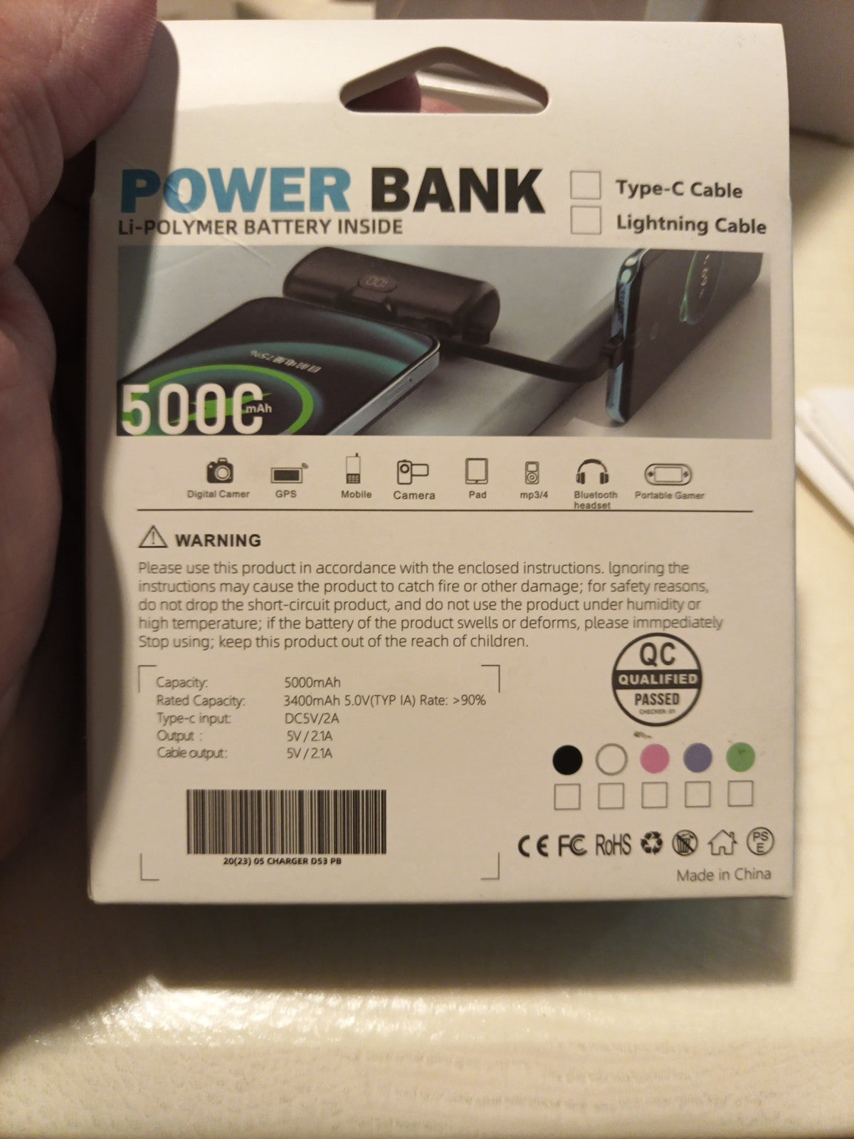 3-in-1 Power Bank 5000mAh 30W USB-C Charger Builtin Cable Adapter Pink,New2