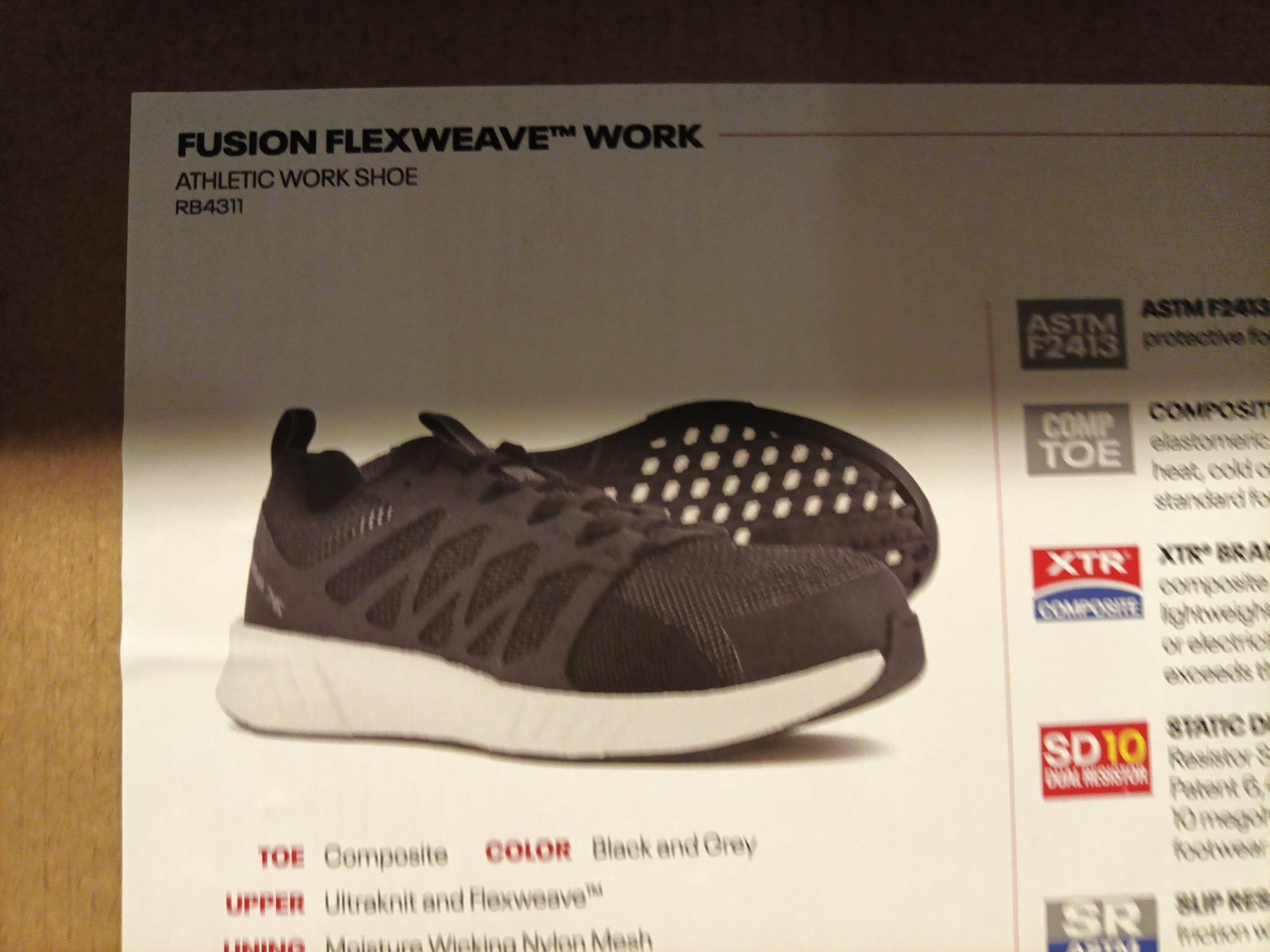 Man's Shoes Reebok Work Fusion Flexweave Cage Composite Toe, Black/White Size 9W1
