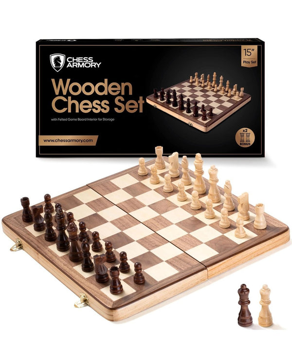 15'' Walnut Chess Set with Storage Board for Adults & Children, 2 Players0