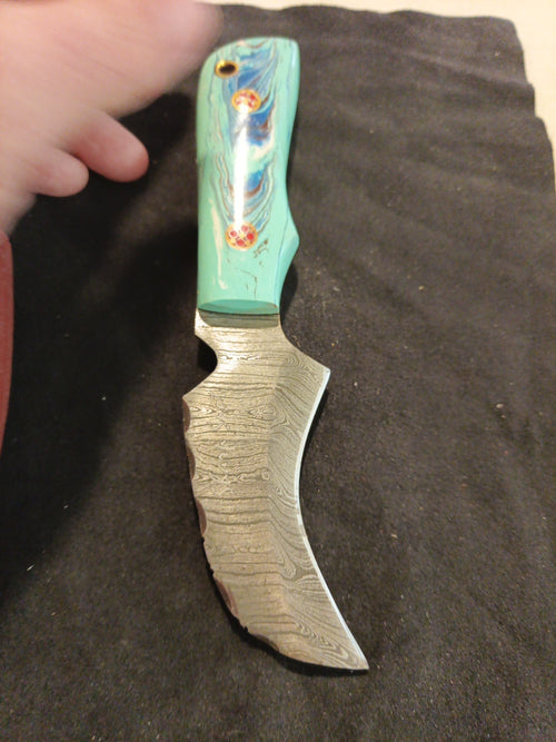 Damascus Fixed Blade With Leather Sheath  3.2 Inch Blade1