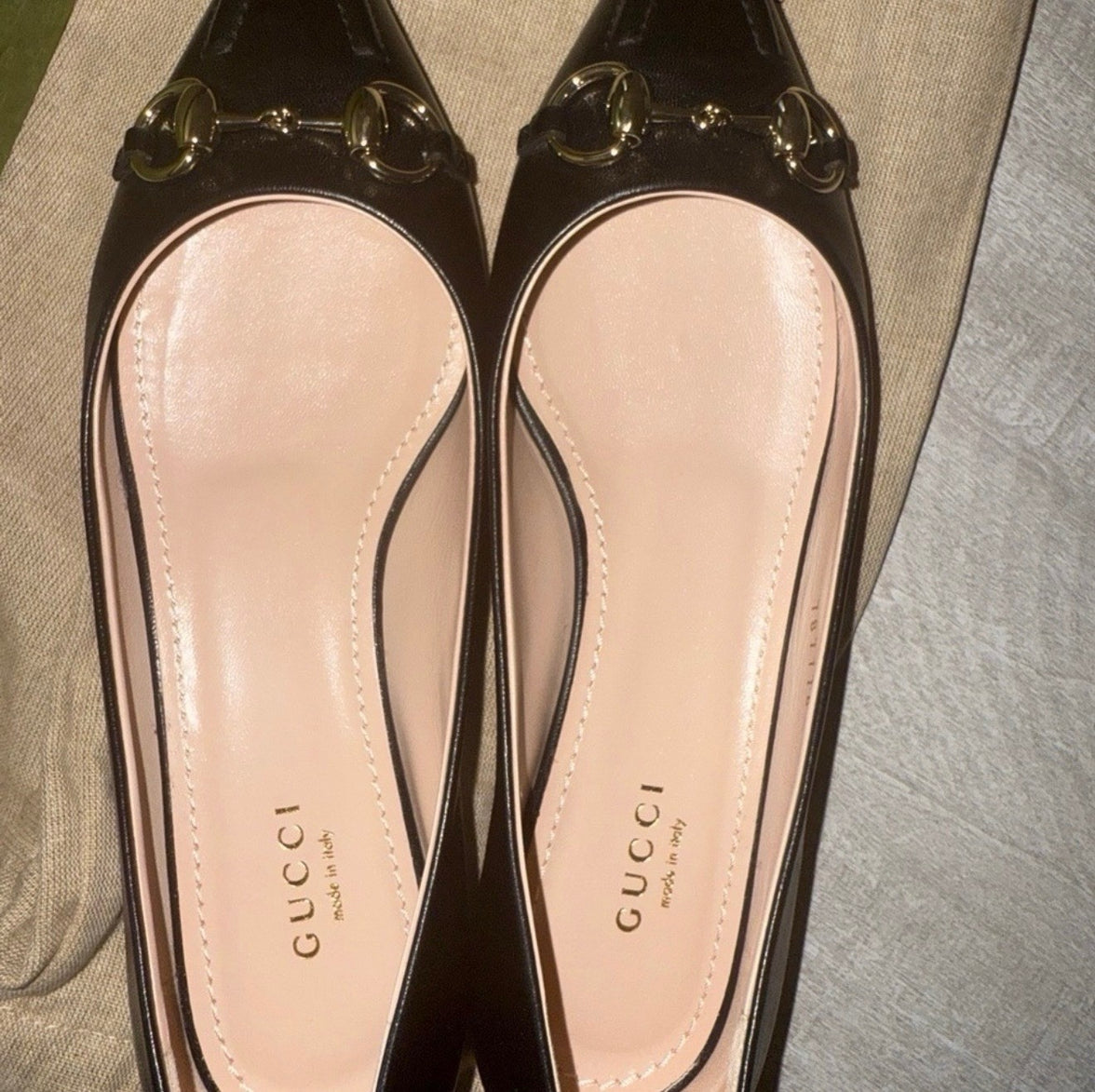 Gucci Black Leather Women's Shoes Ballerina Size 36.5 Erin Leather Horsebit1