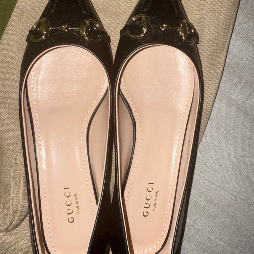 Gucci Black Leather Women's Shoes Ballerina Size 36.5 Erin Leather Horsebit1