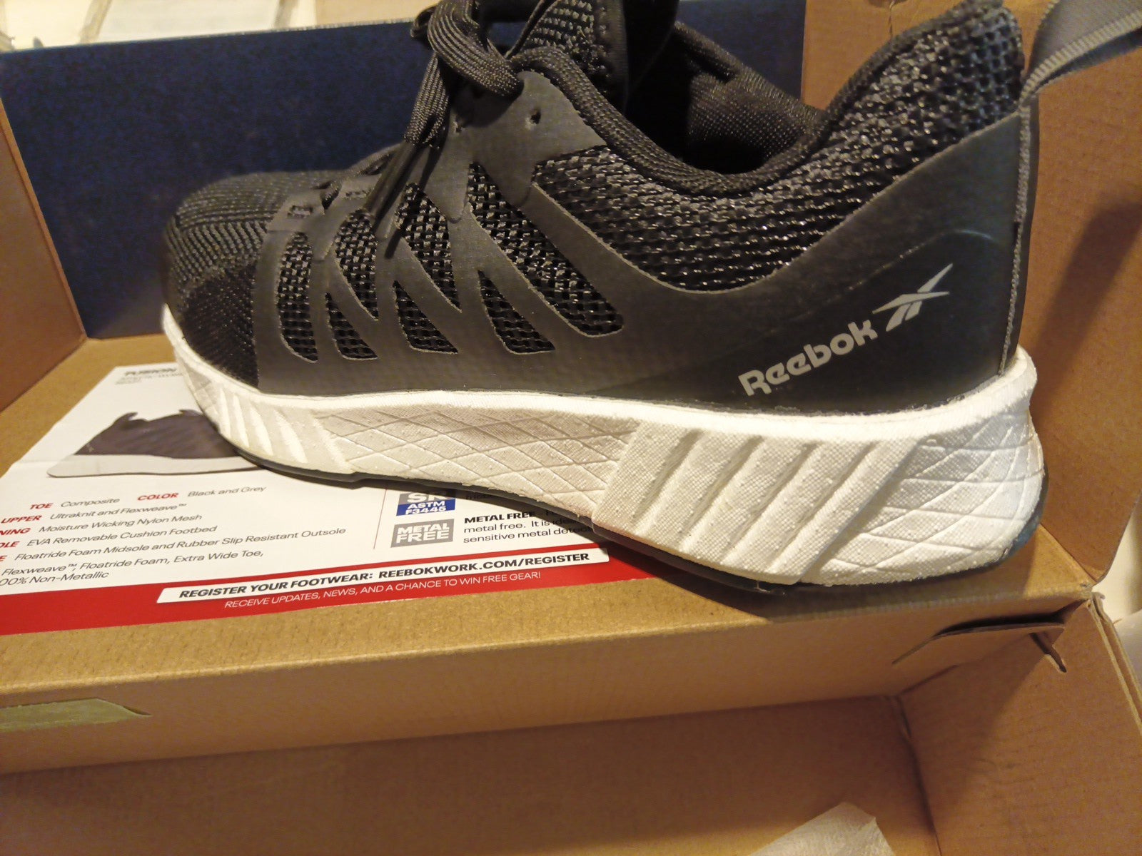Man's Shoes Reebok Work Fusion Flexweave Cage Composite Toe, Black/White Size 9W6