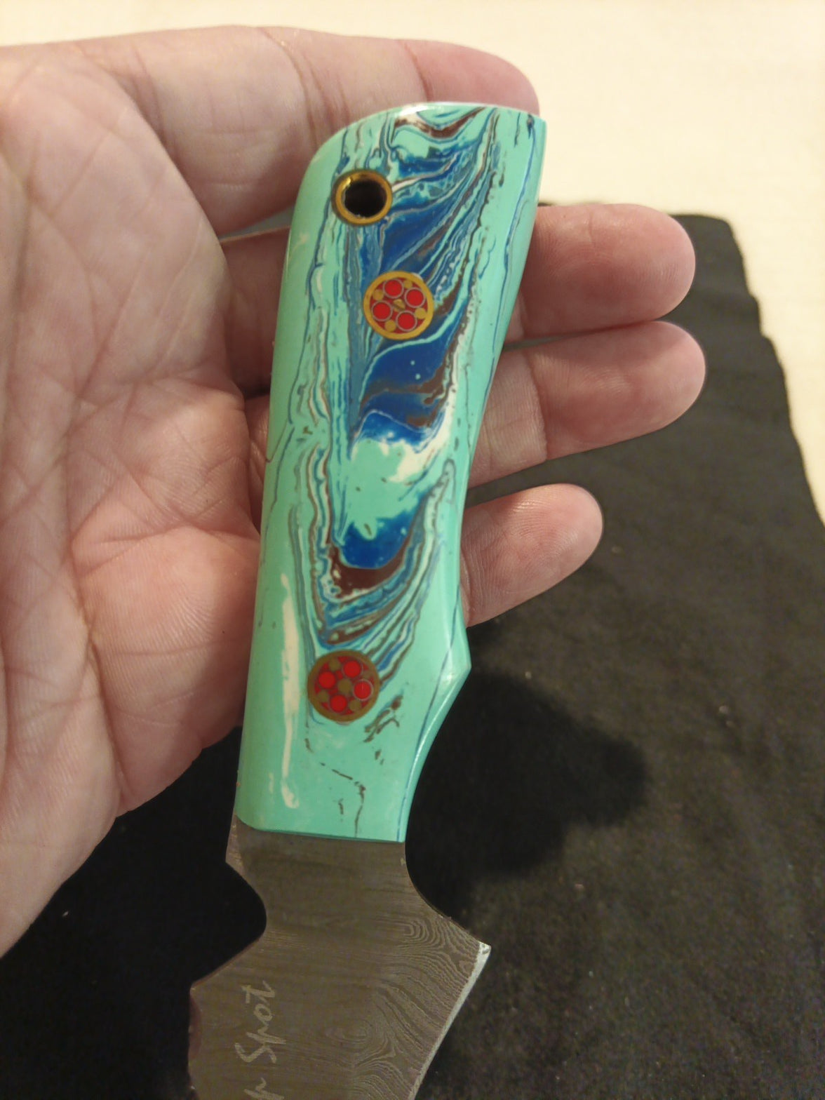 Damascus Fixed Blade With Leather Sheath  3.2 Inch Blade5
