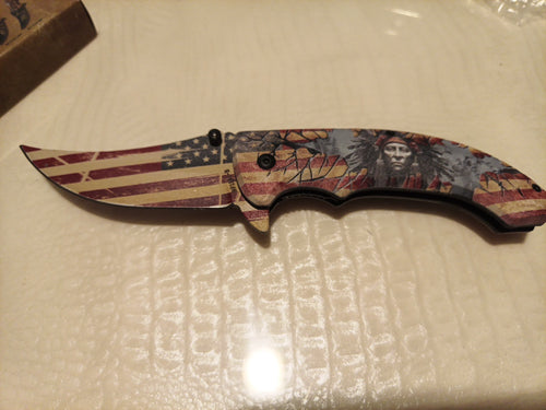  8" Patriotic Native American Pocket Knife Blade Assist-Open Folding Knife0