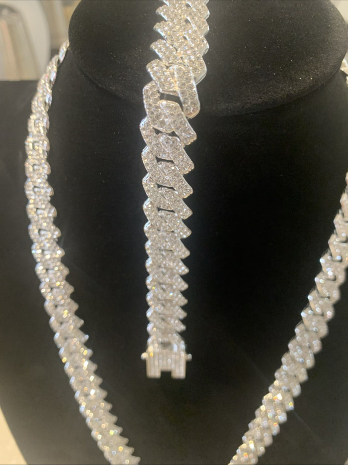 Silver Iced Out AAA CZ Cuban Link Chain 22” , 14 mm Thick, & Bracelet 8” 14 mm0