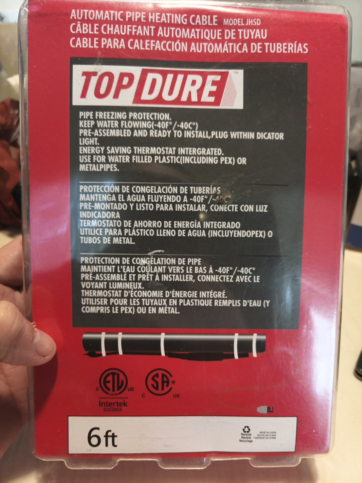 Top Dure Automatic Pipe Heating Cable JHSD  6 ft Black. Thermostat Integrated0
