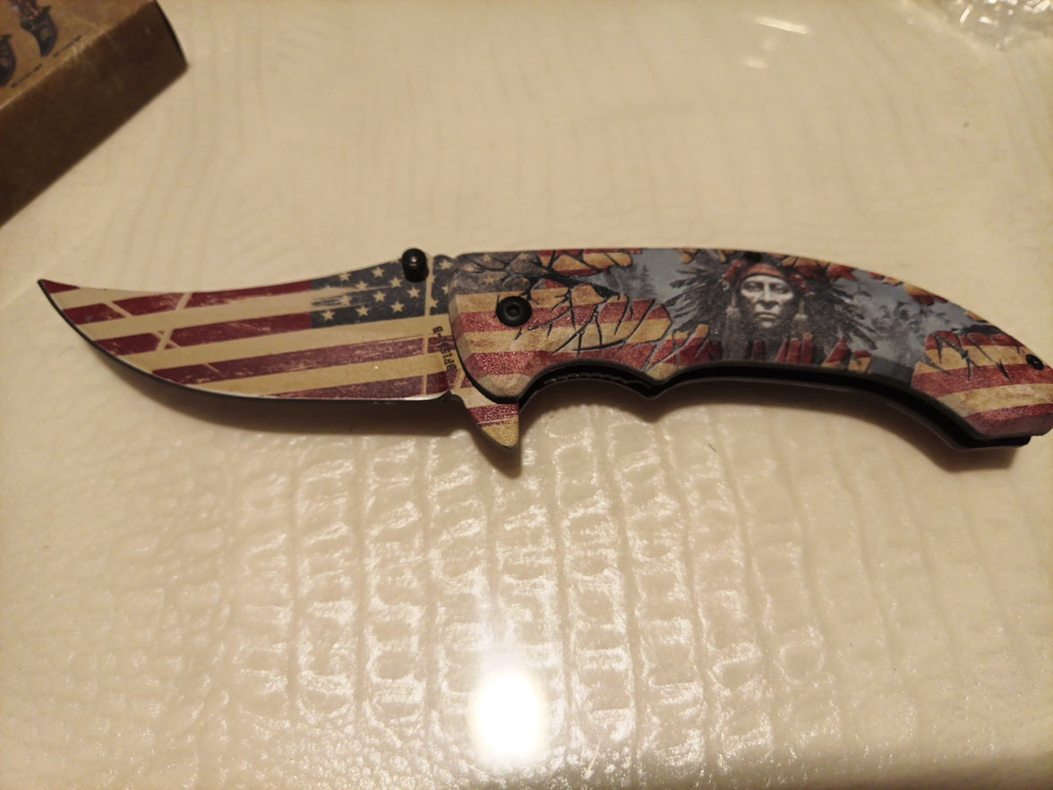  8" Patriotic Native American Pocket Knife Blade Assist-Open Folding Knife0