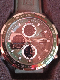Naviforce Chronograph Green Leather Strap Gold Stainless Steel Case Analog Watch1