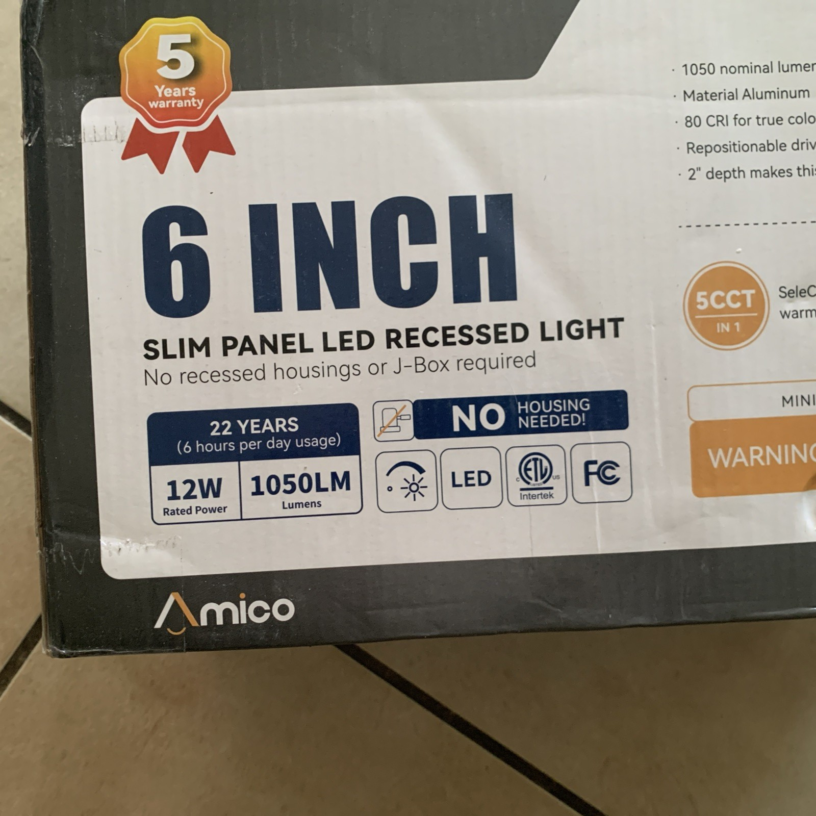 Amico 12 Pack 6 Inch Slim Panel LED Recessed Lights 5CCT 2700K-5000K  5