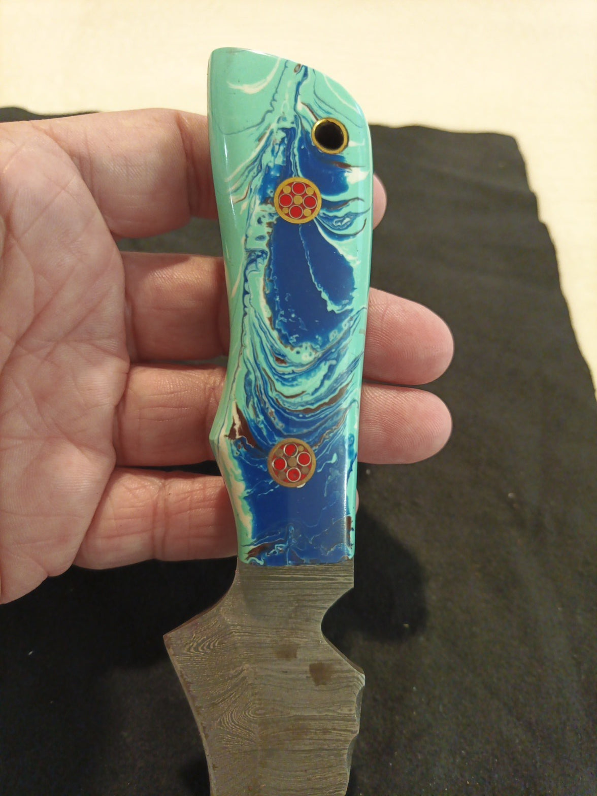 Damascus Fixed Blade With Leather Sheath  3.2 Inch Blade4