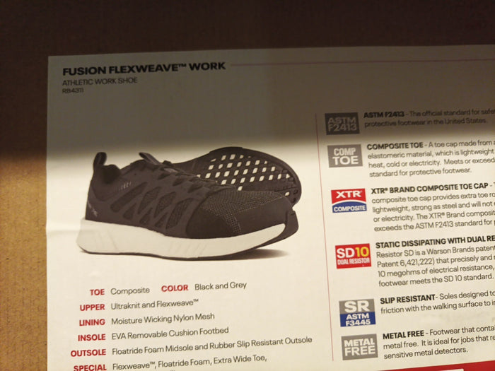 Man's Shoes Reebok Work Fusion Flexweave Cage Composite Toe, Black/White Size 9W0