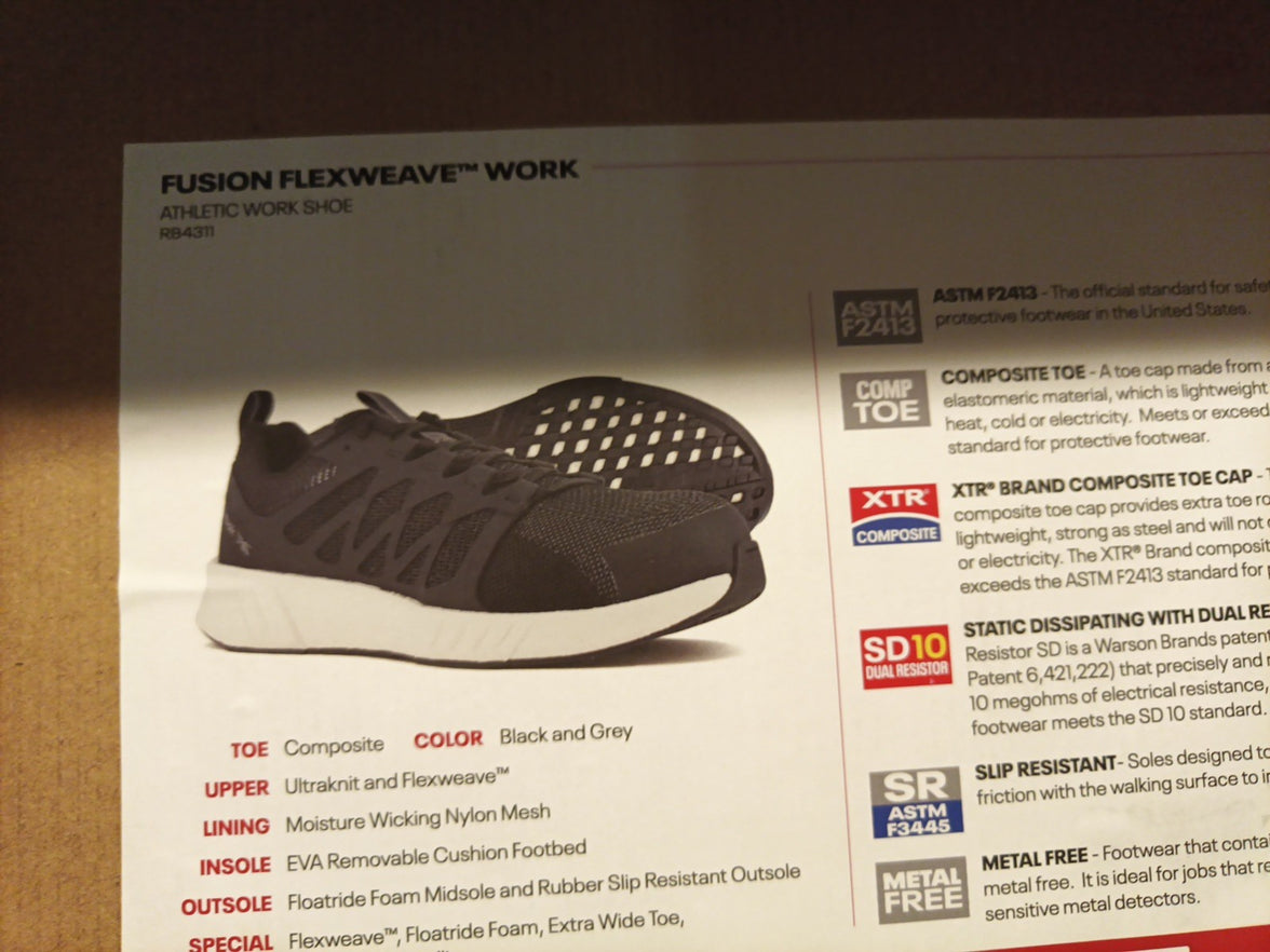 Man's Shoes Reebok Work Fusion Flexweave Cage Composite Toe, Black/White Size 9W0