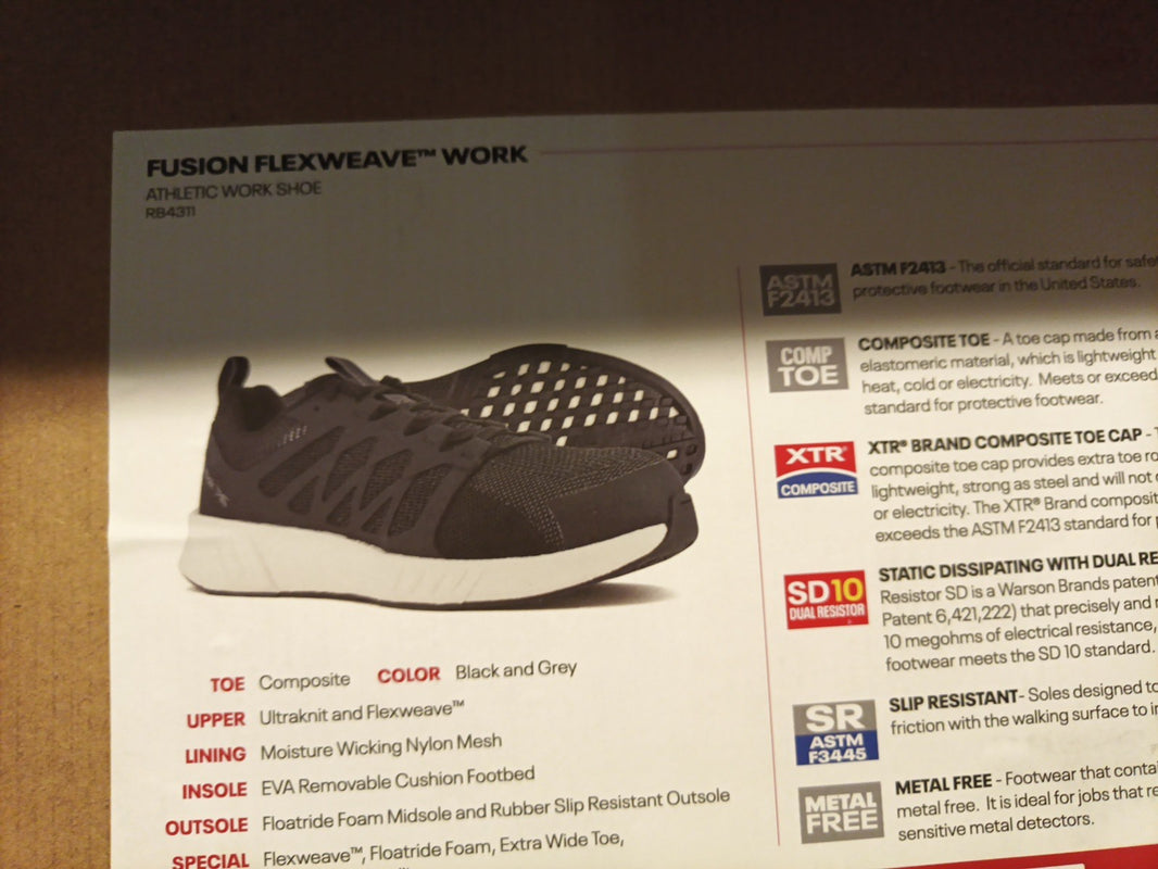Man's Shoes Reebok Work Fusion Flexweave Cage Composite Toe, Black/White Size 9W0