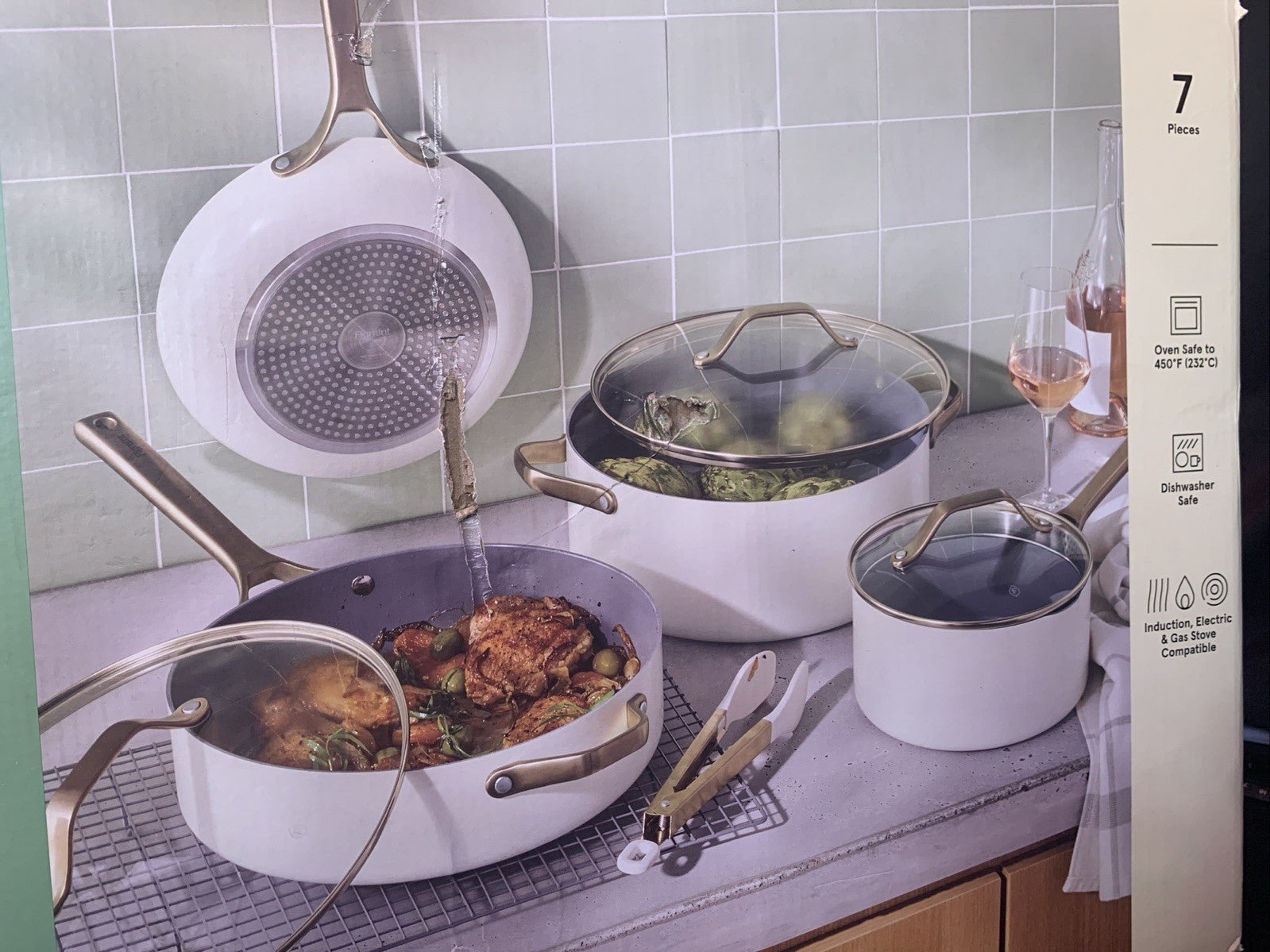 7pc Nonstick Ceramic Coated Aluminum Cookware Set with Gold Handles Cream -2