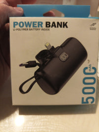 3-in-1 Power Bank 5000mAh 30W USB-C Charger Builtin Cable Adapter Pink,New0