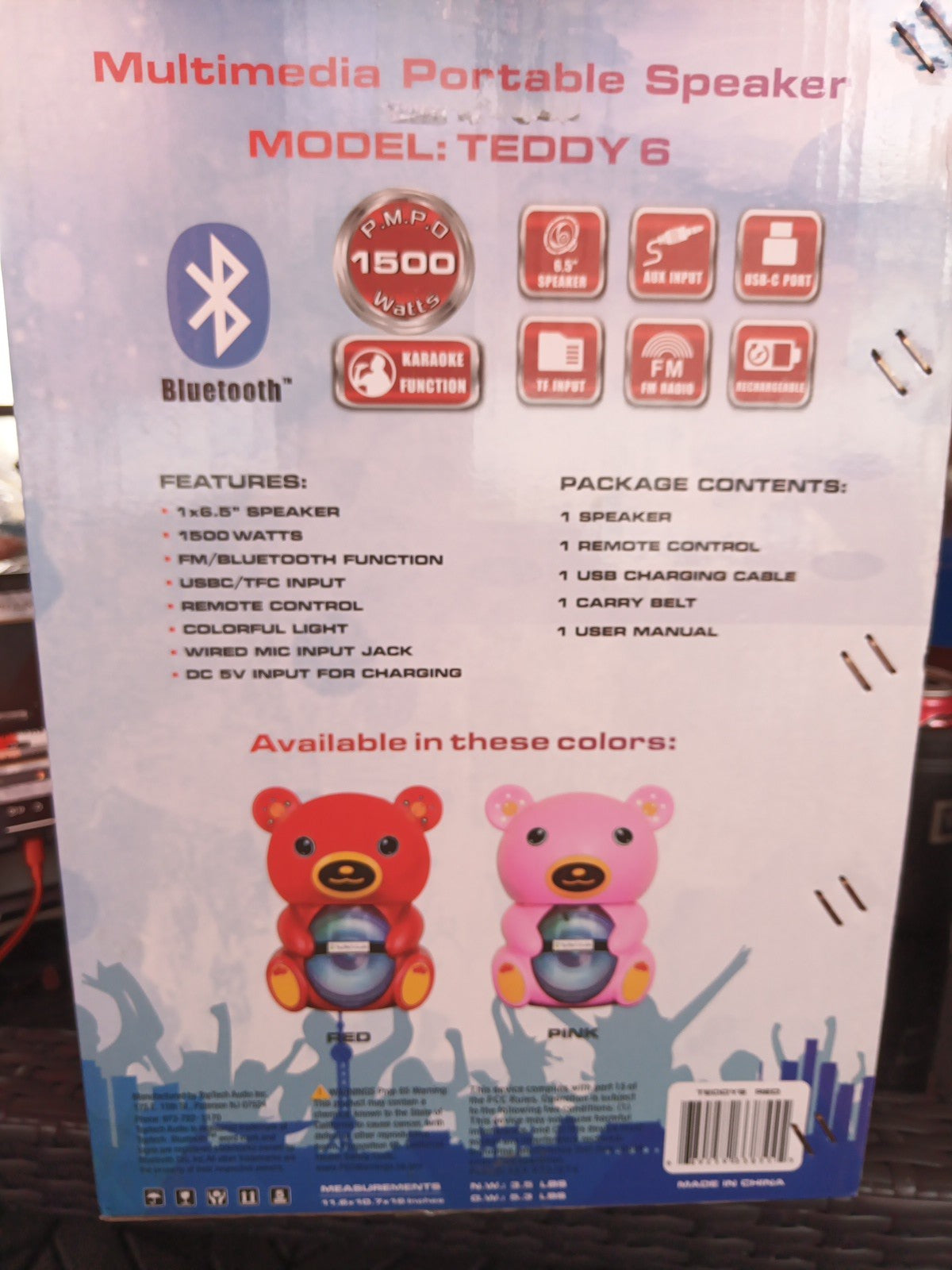 Teddy Bear 1500 Watts Portable Bluetooth Multimedia Speaker with LED light Pink 7