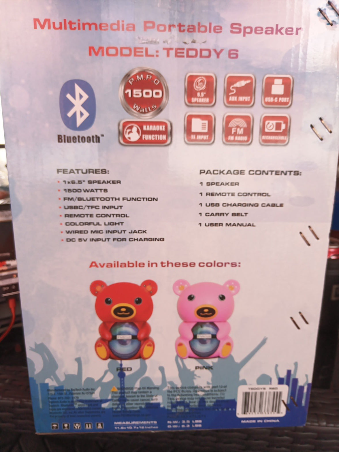 Teddy Bear 1500 Watts Portable Bluetooth Multimedia Speaker with LED light Pink 7