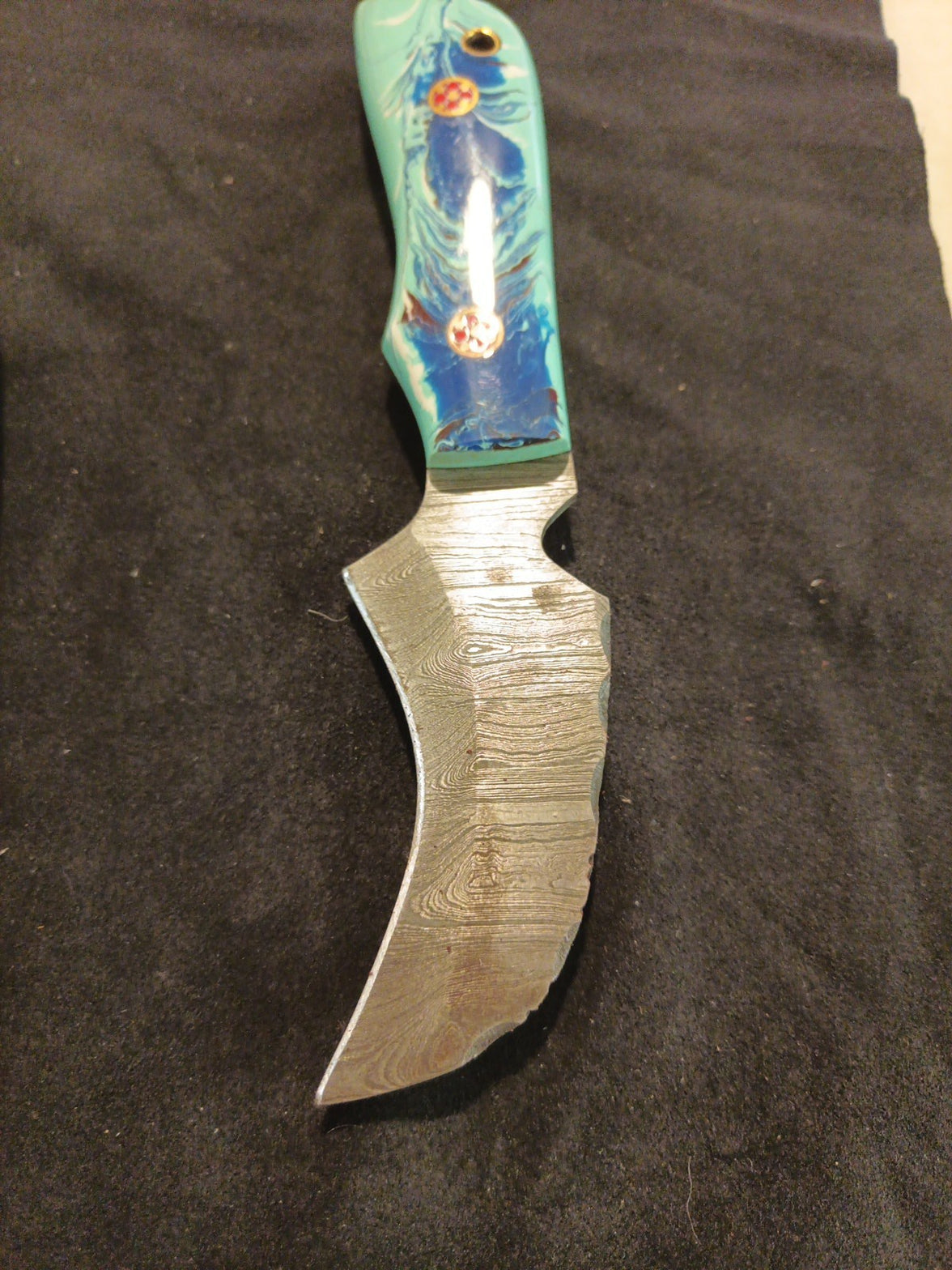 Damascus Fixed Blade With Leather Sheath  3.2 Inch Blade0
