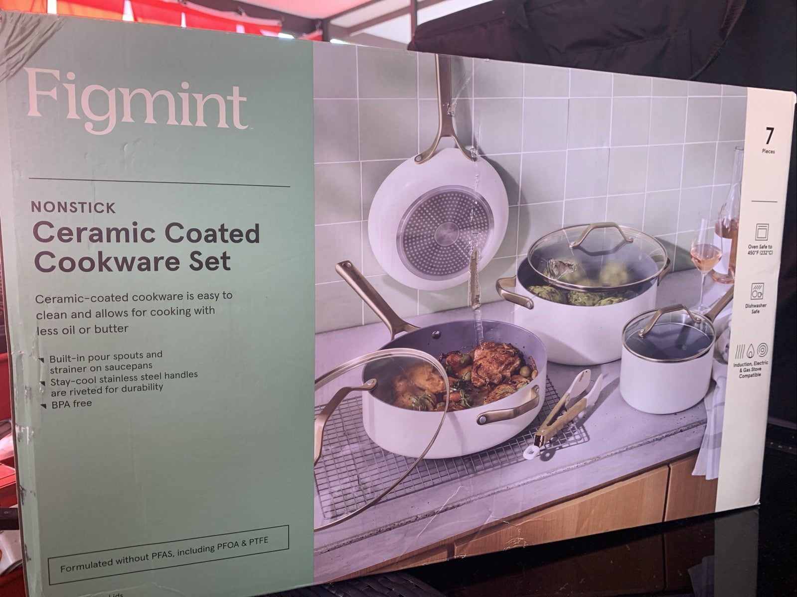 7pc Nonstick Ceramic Coated Aluminum Cookware Set with Gold Handles Cream -0